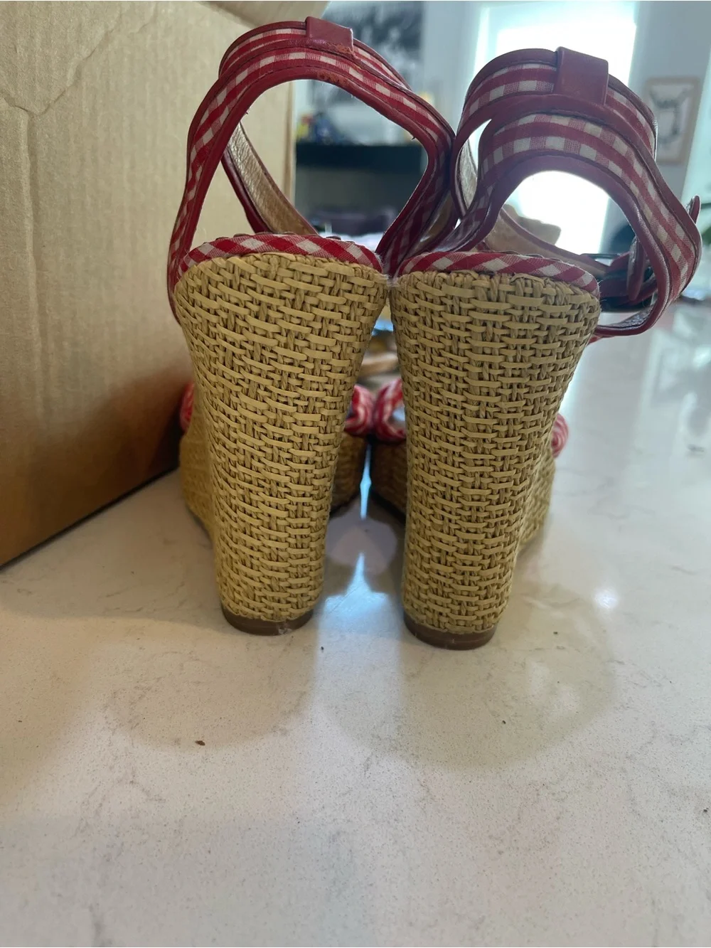 Red Gingham Ankle-Strap Wedge Sandals with Knot Accent